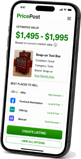 PricePost phone app showing Snap-on toolbox estimate